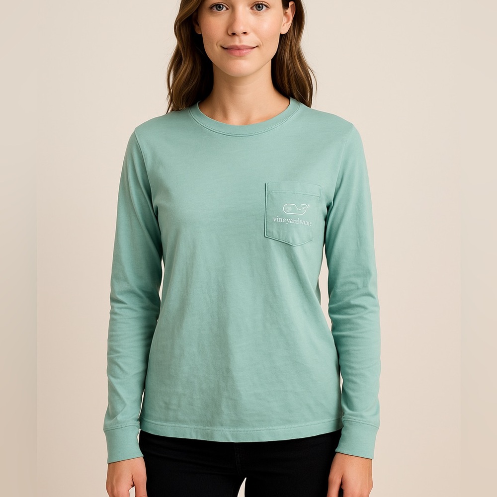 Vineyard Vines Long Sleeve Tee Shirt Whale Logo Pocket Women’s Small Mint Green